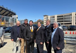 April 17, 2025: Senator Fontana spoke at a ceremony on April 17 that commemorated Three Rivers Stadium’s baseball history with a series of markers on the North Shore. Pictured at the location of the pitcher’s mound at Three Rivers Stadium was former Pirate Steve Blass, former Pirate Bob Walk, Senator Devlin Robinson, Senator Jay Costa, SPC Executive Director Rich Fitzgerald, and Senator Fontana. 